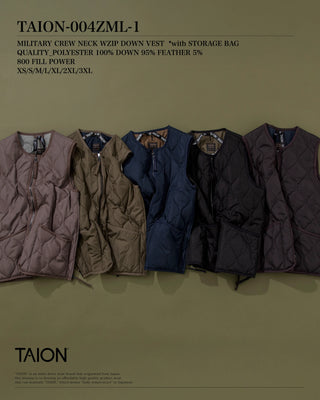 ミリタリー クルーネックWジップ ダウンベスト<TAION-W004ZML-1>
