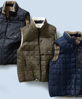 マウンテン リバーシブル ハイネック ライトダウン×ソフトボア ベスト<TAION-R002ZLBMT>